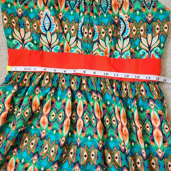 Eliza J Pleated Smocked Orange and Green Resort Maxi Dress - Picture 10 of 13